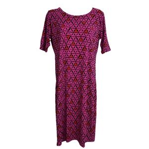 LuLaRoe Julia Sheath Dress Sz M Pink Orange Black Geometric Print Pencil Fit